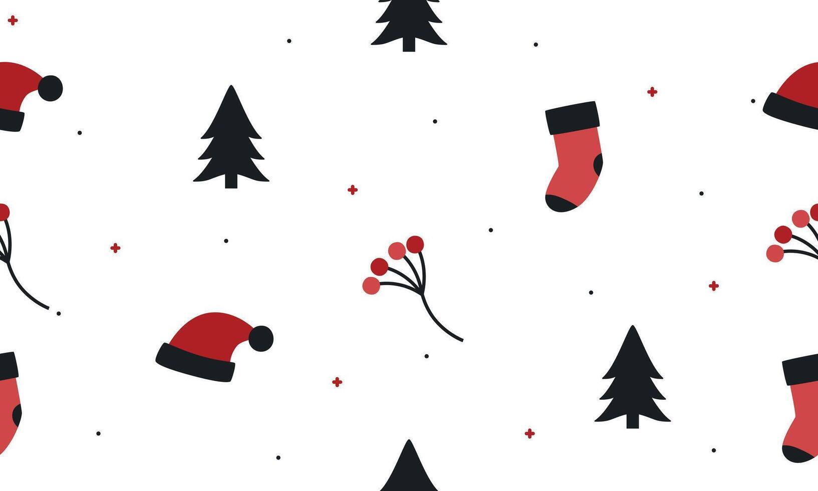 Christmas theme seamless pattern with santa hat, sock, and pine tree on white background. Christmas wrapping paper illustration vector