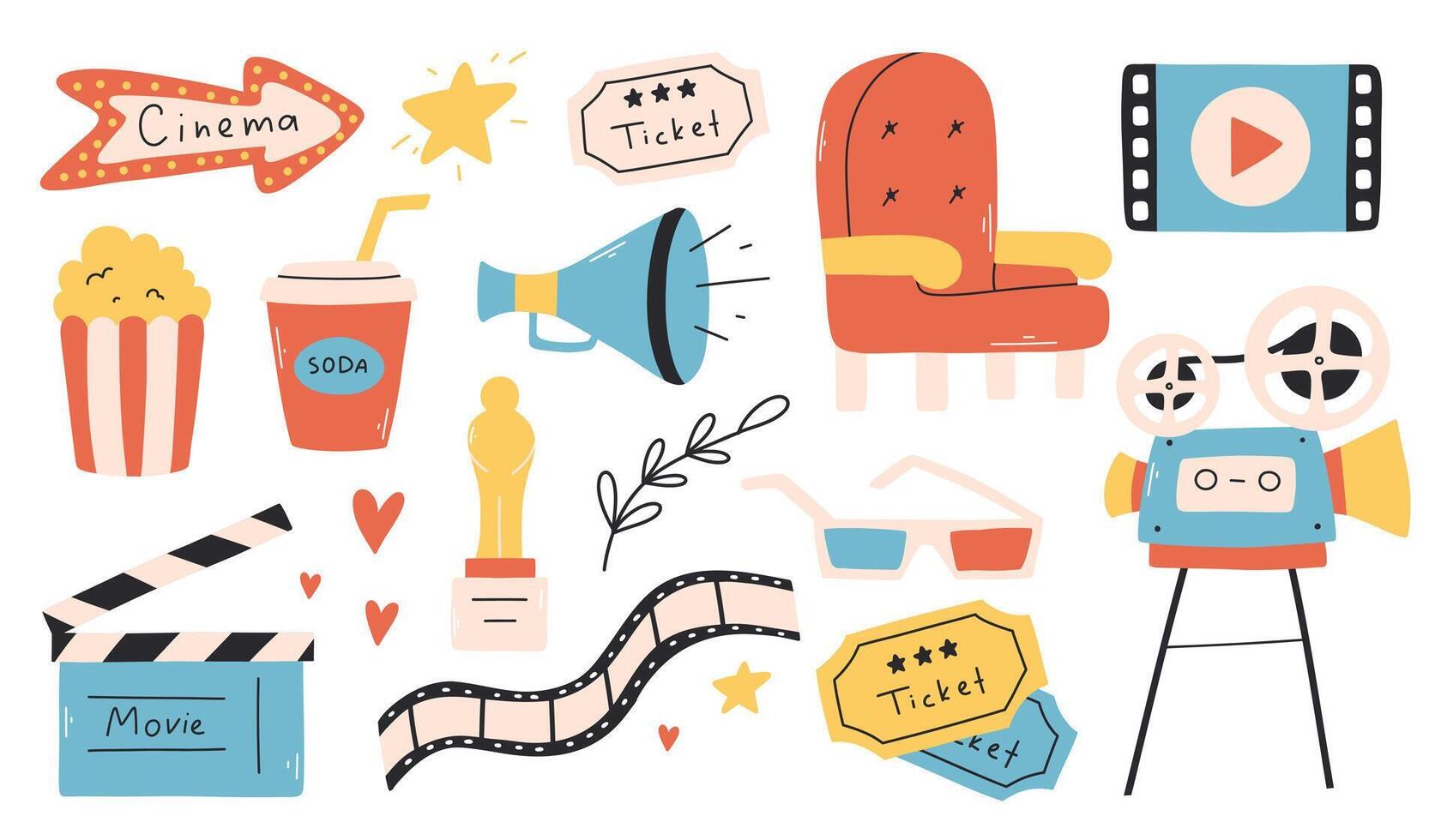 Set of cinema elements. illustration. Flat style. Collection of objects for cinema. vector