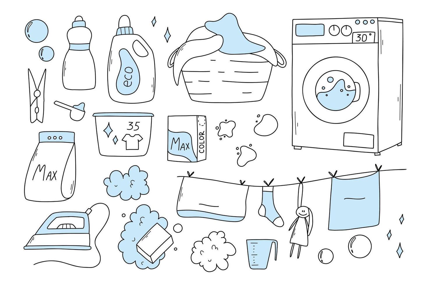 Set of laundry items in doodle style. Linear collection of laundry items. illustration. Isolated elements on a white background. vector