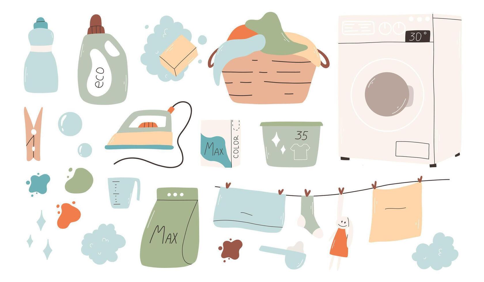 Set of elements for washing. Laundry collection. illustration. Powder, washing machine, clothespin. vector