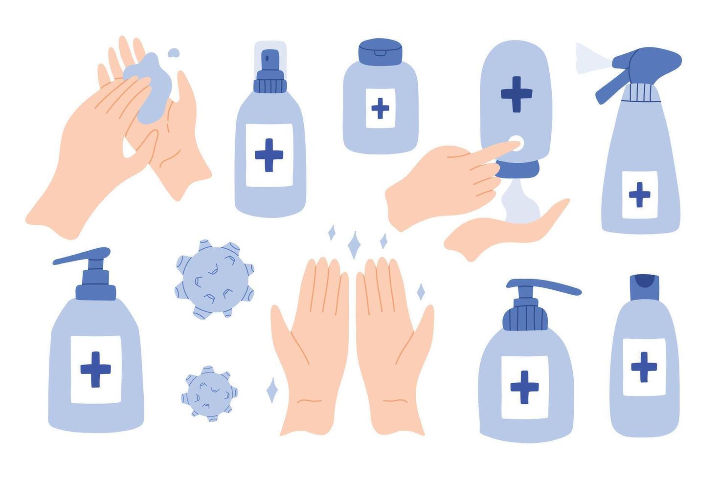 Clean your hands with alcohol gel. Killing virus. Hands used for touching will transmit the virus. Corona virus concept. washing hands with antibacterial hand sanitizer, sanitizer gel symbol vector