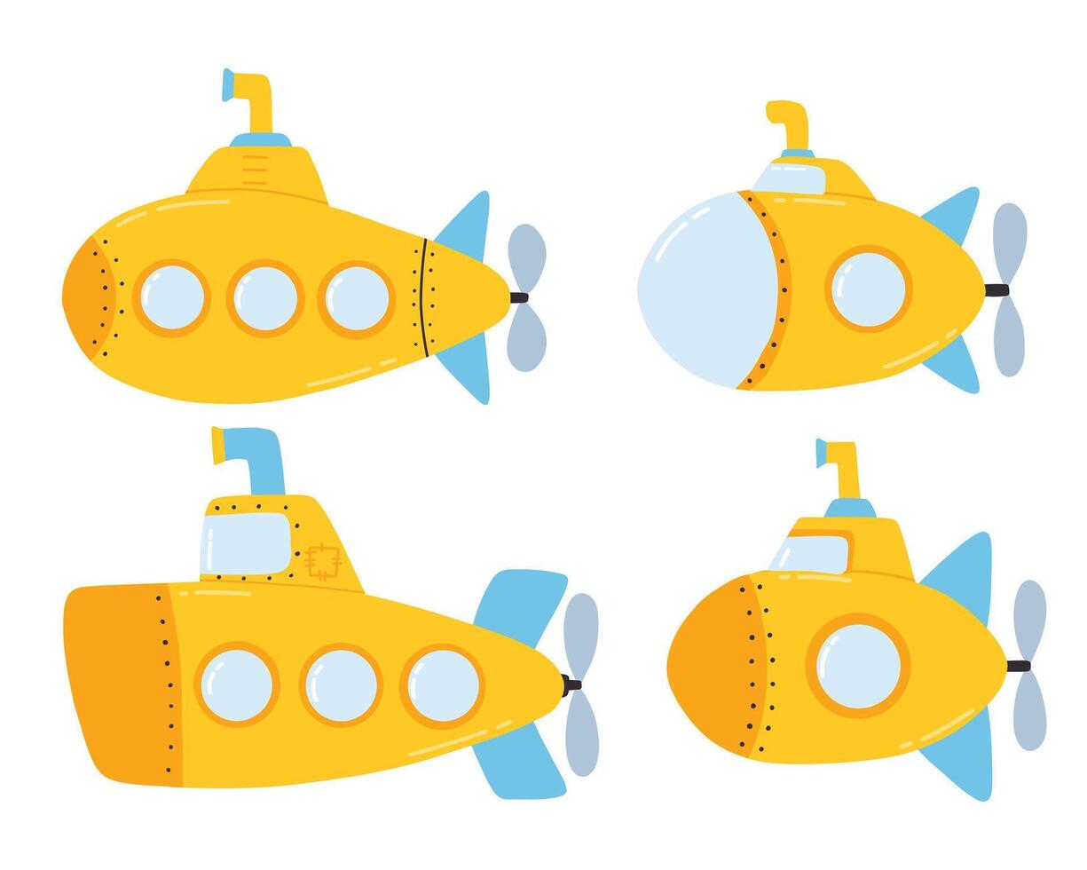 Set of submarines. illustration. Collection of kids submarines in flat style. vector