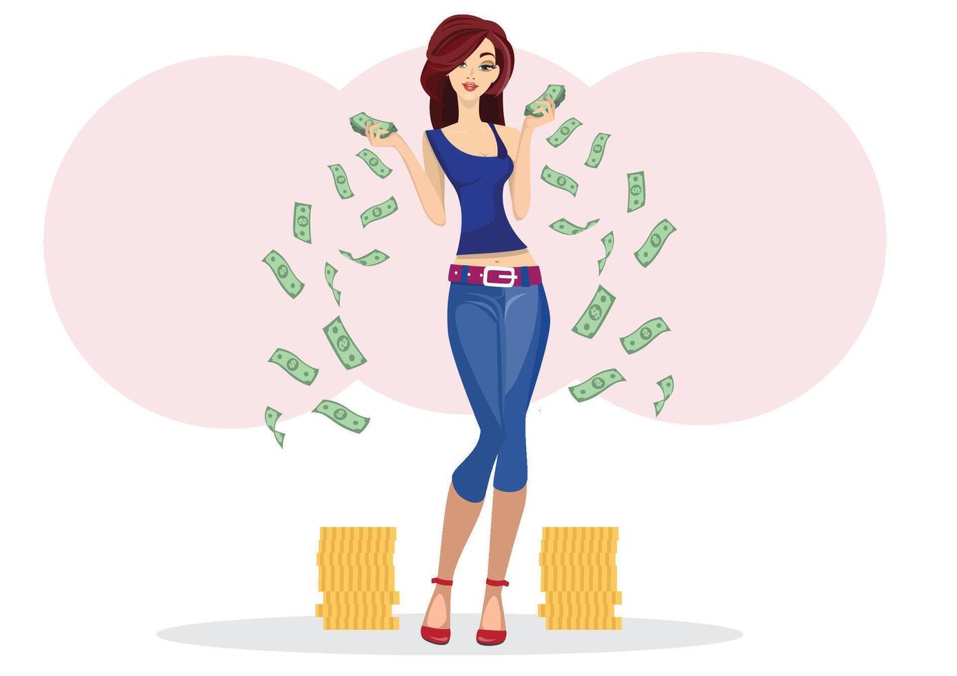 Sexy girl who is happy and successful Direct selling business and selling online holding money, and money falling around her vector