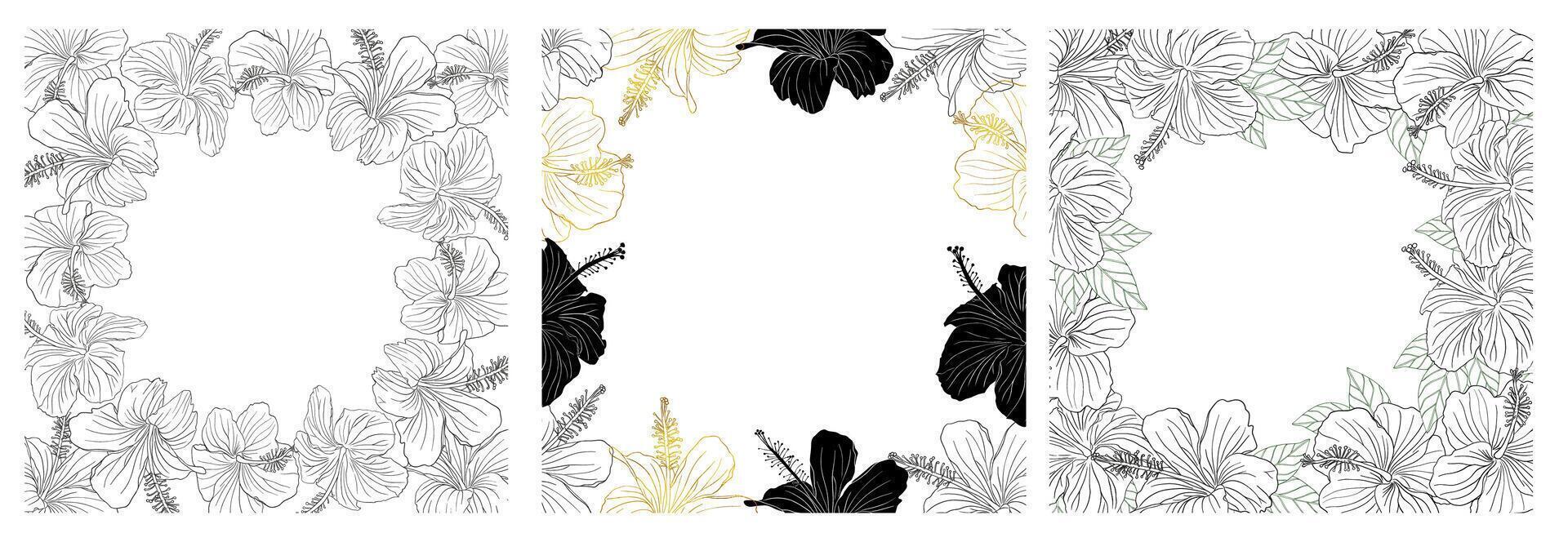 Hibiscus line art flower frame for card or invite vector