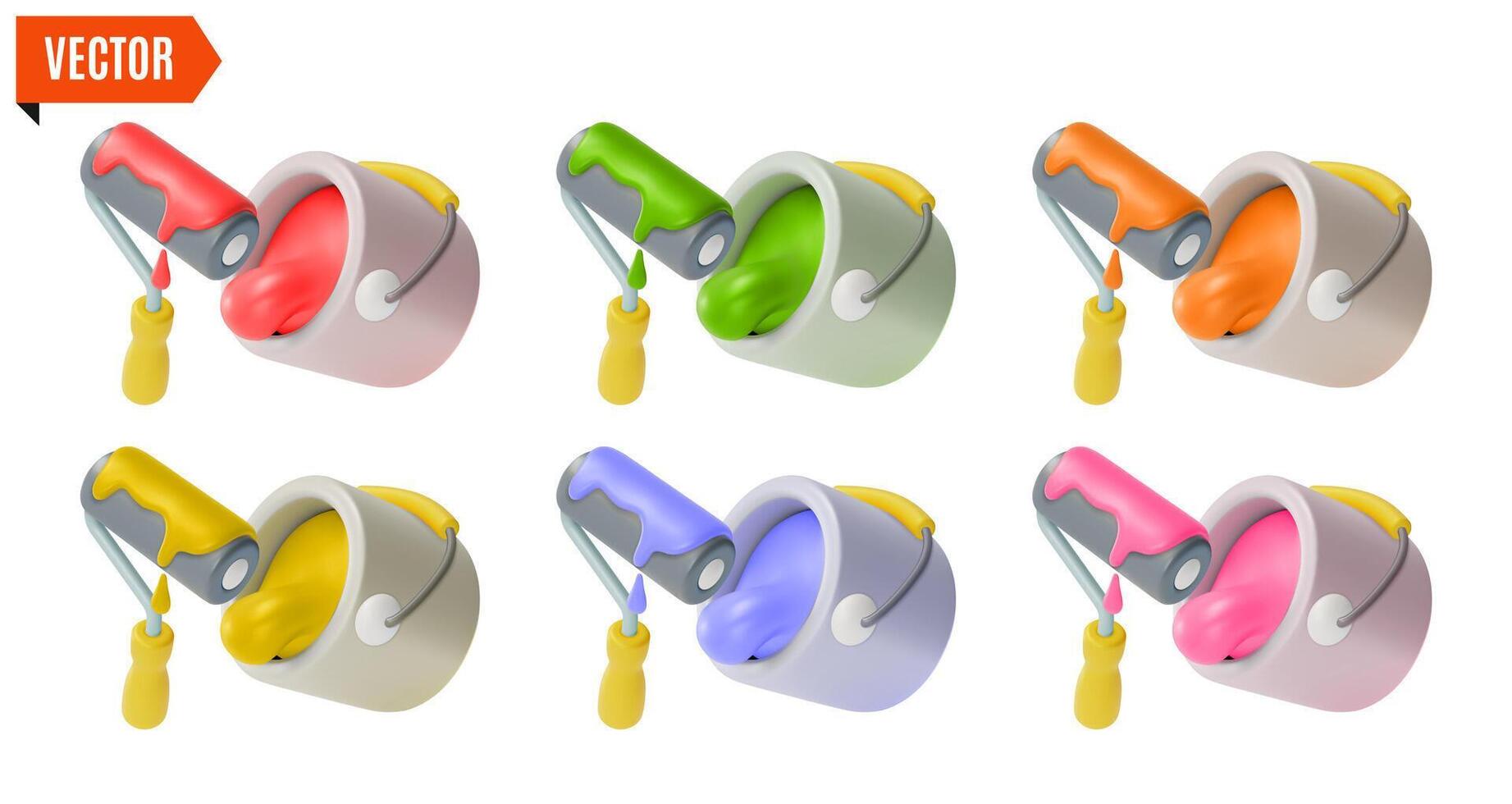 3d Fix and Repair Concept Different Color Bucket and Paint Roller Set Cartoon Design Style. vector