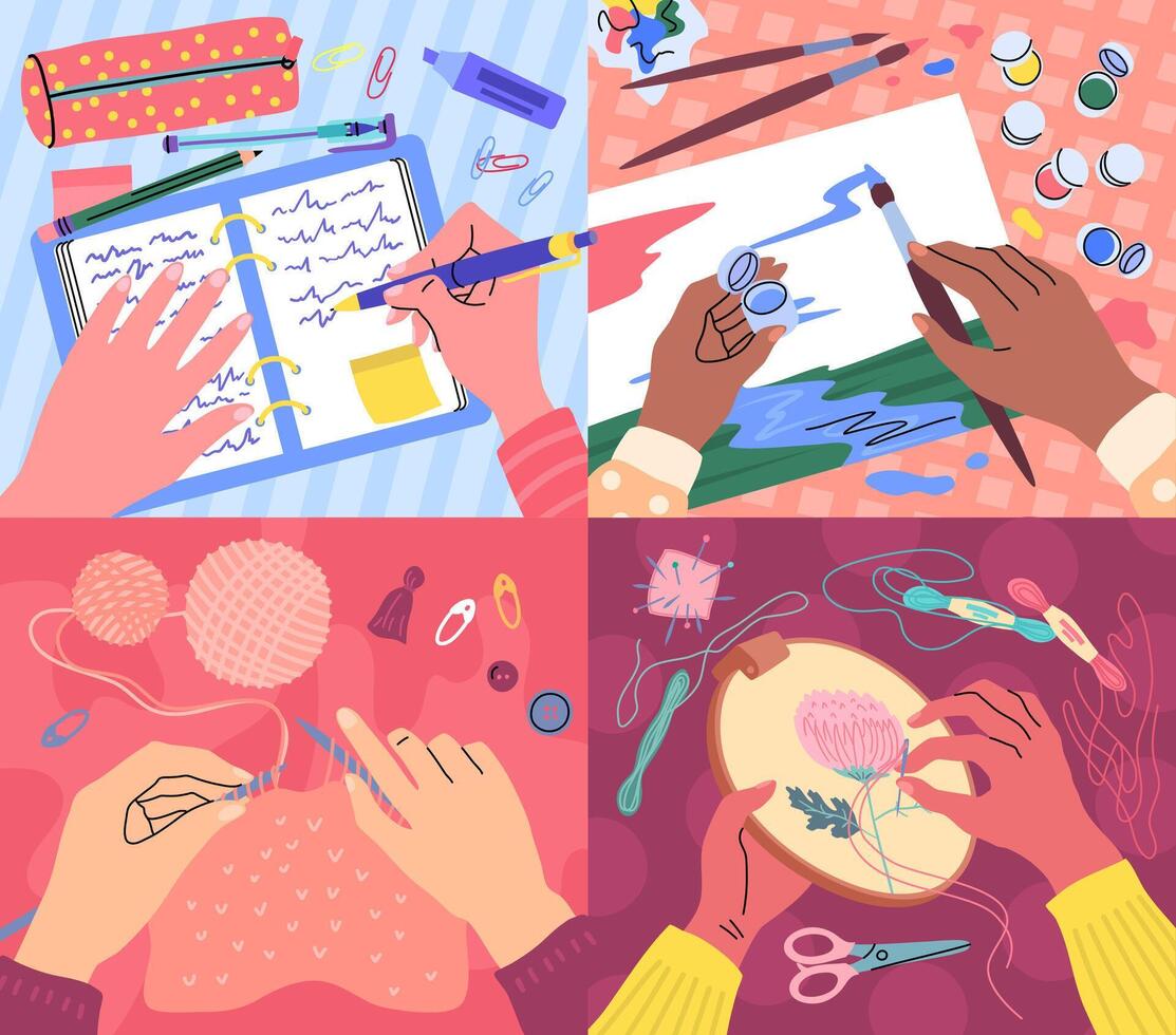 Cartoon Human Hands Hold Writing and Drawing Supplies Set. vector