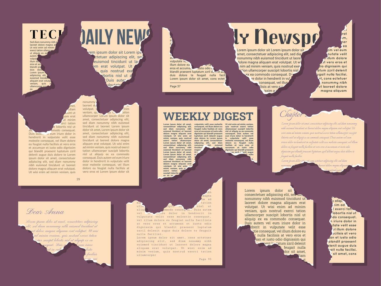 Pieces of Old Newspaper Cover Page Set. vector