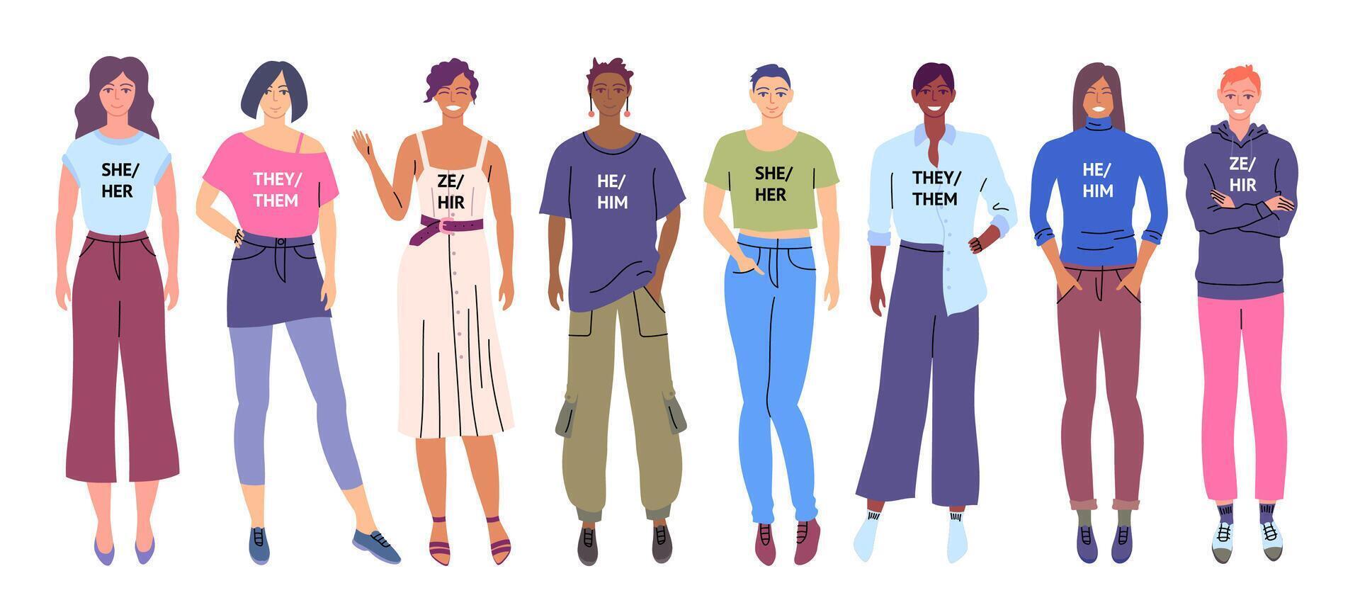 Cartoon Color Characters People and Gender Pronouns Concept vector