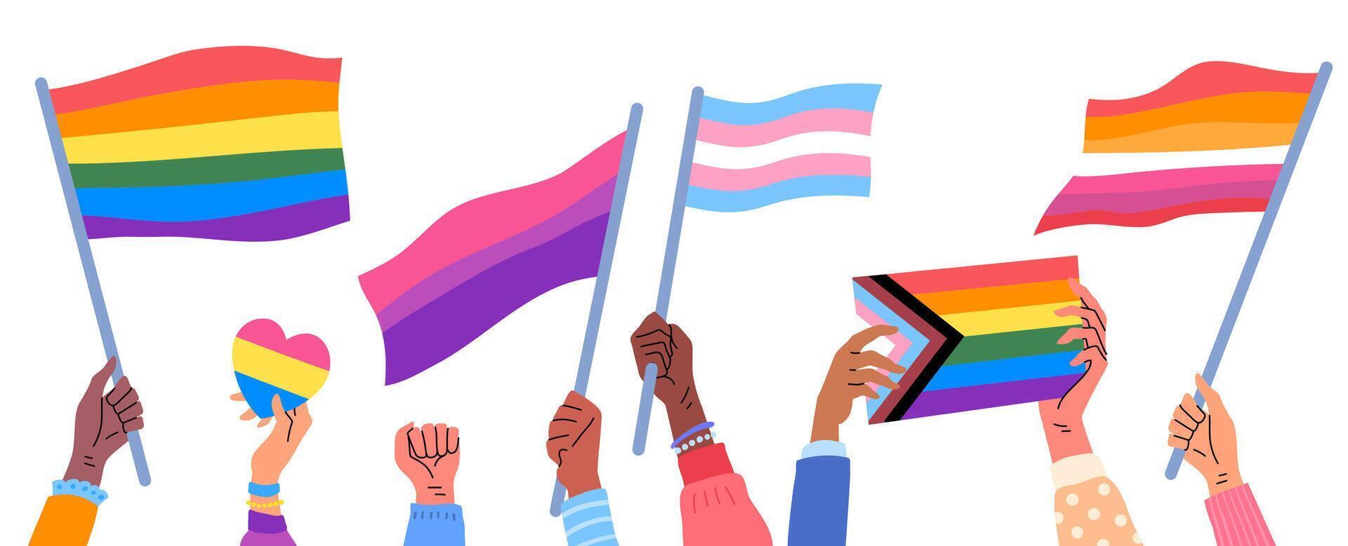 Cartoon Color Human Hands Hold LGBT Progressive, Lesbian and Bisexual Flags Set. vector