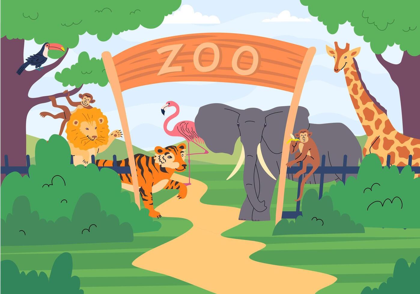 Cartoon Color Zoo Park Entrance with Safari Animals. vector