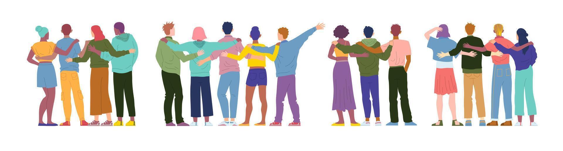 Cartoon Color Characters People Friends from Behind Concept. vector
