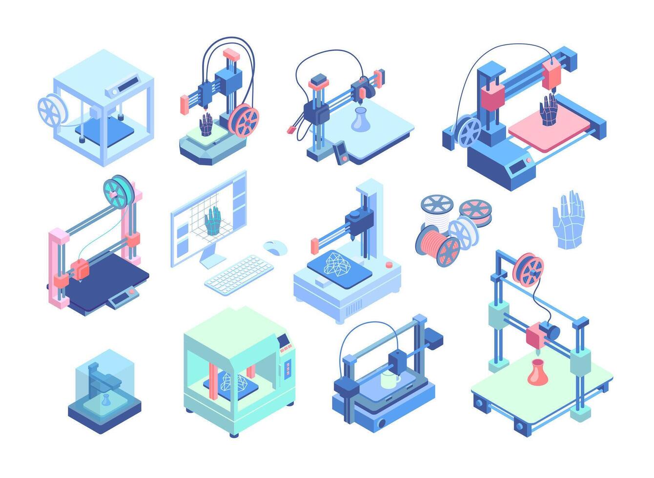 Color 3d Printing Element Set Isometric View. vector