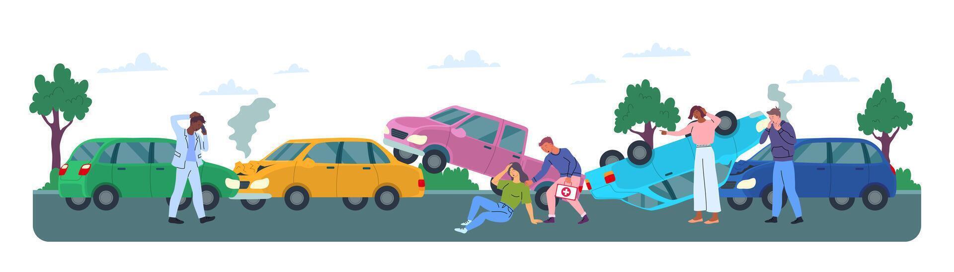 Cartoon Color Characters People and Car Accident Concept. vector