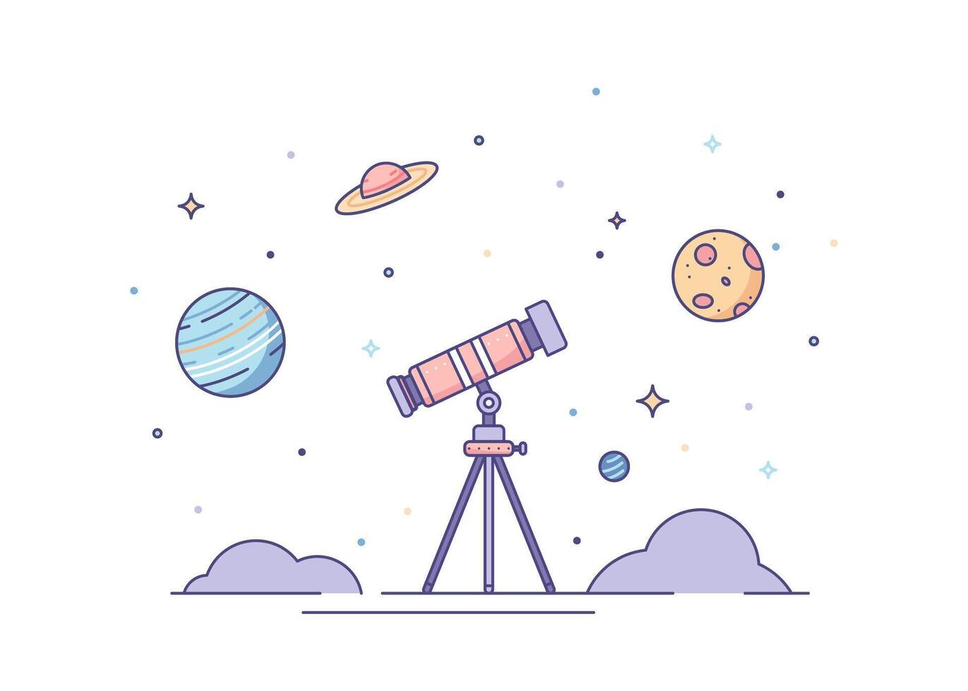 Telescope Looking to the Stars and Planets Color Thin Line Concept. vector