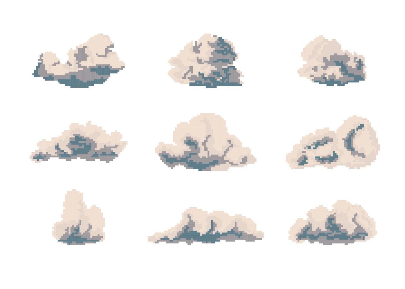Cartoon Color Pixelated 8 Bit Clouds Set. vector