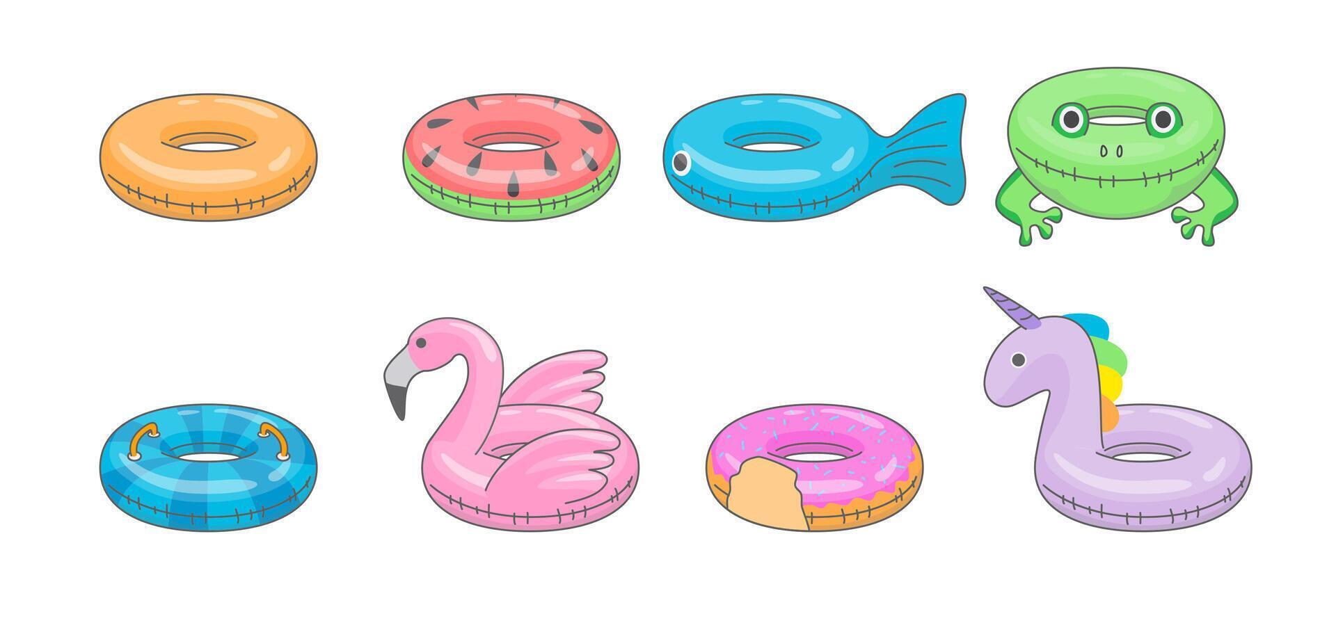 Cartoon Color Summer Pool Rubber Ring Set. vector