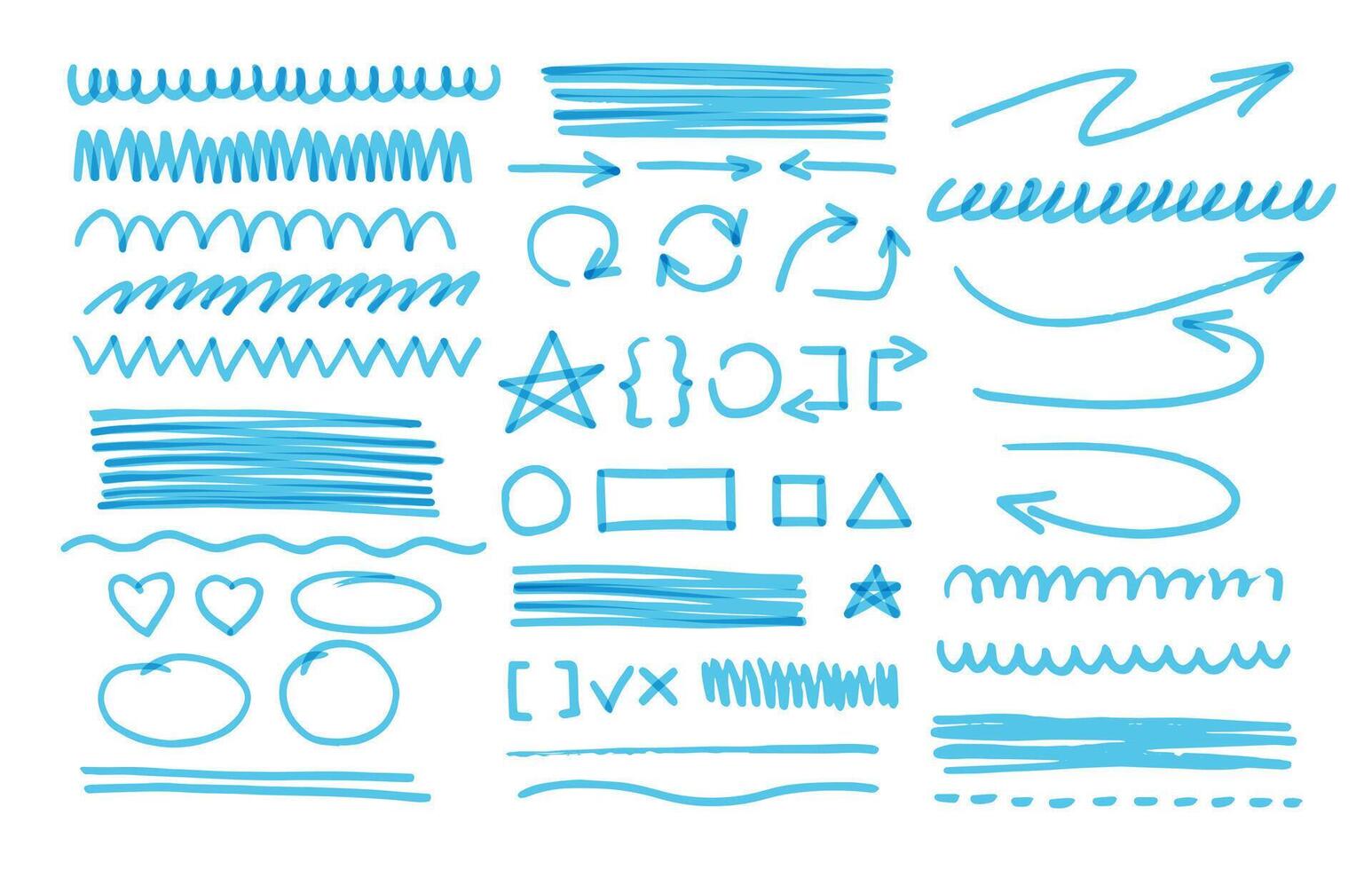 Cartoon Blue Hand Drawn Marker Strokes Set. vector