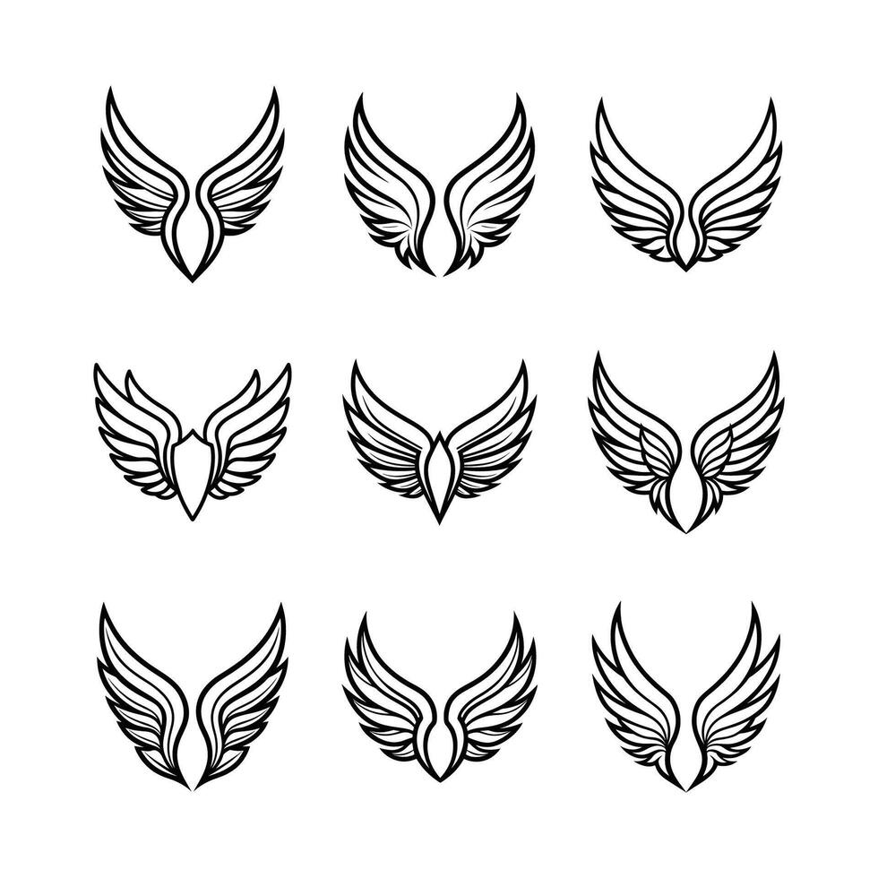 Set of hand drawn bird or angel wings of different shape in open position. vector