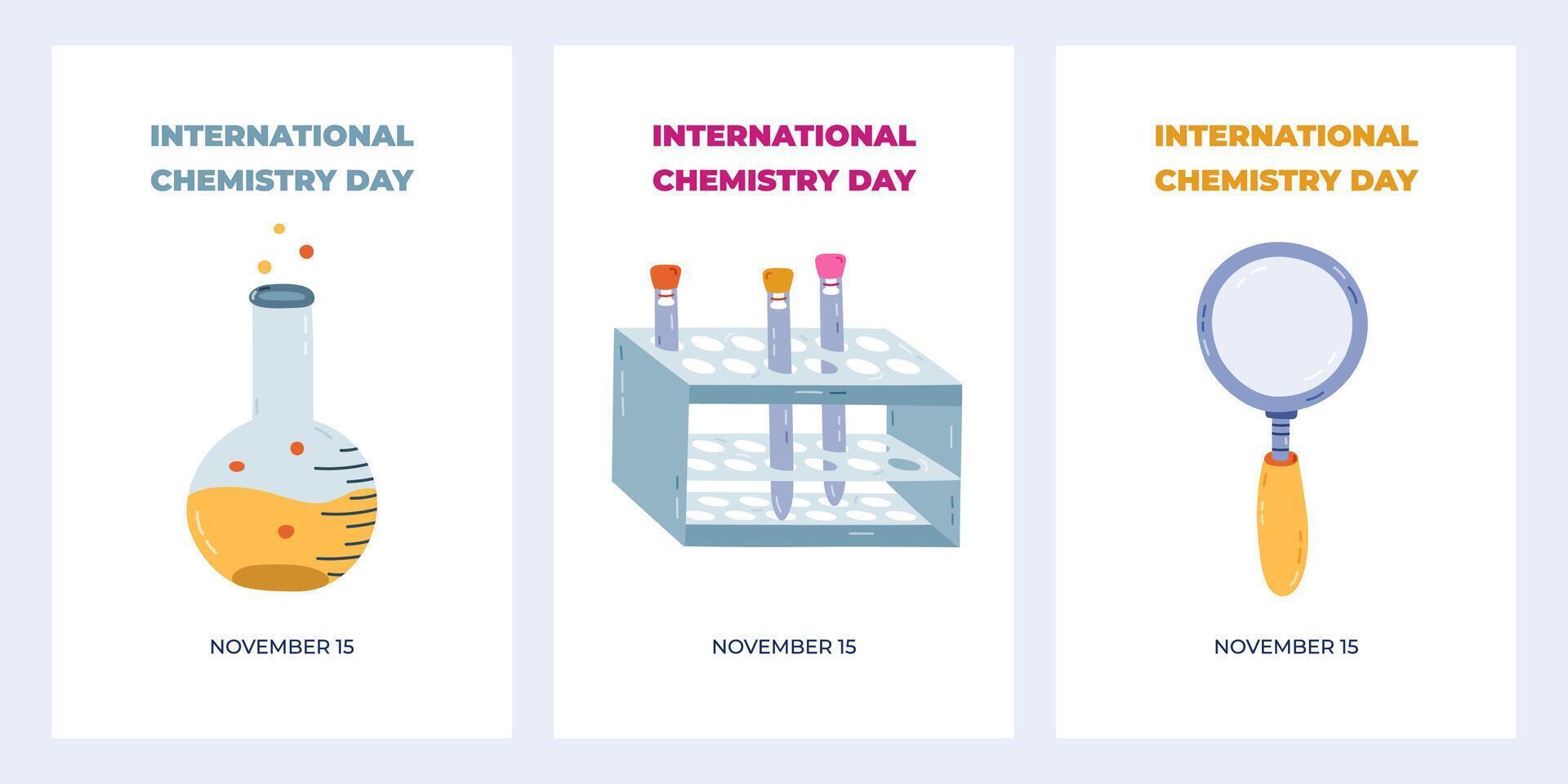 Set of cute vertical posters for International Chemistry Day at November 15 with cartoon science and chemical clipart. Minimalistic holiday concept for banner, background template for website, media. vector