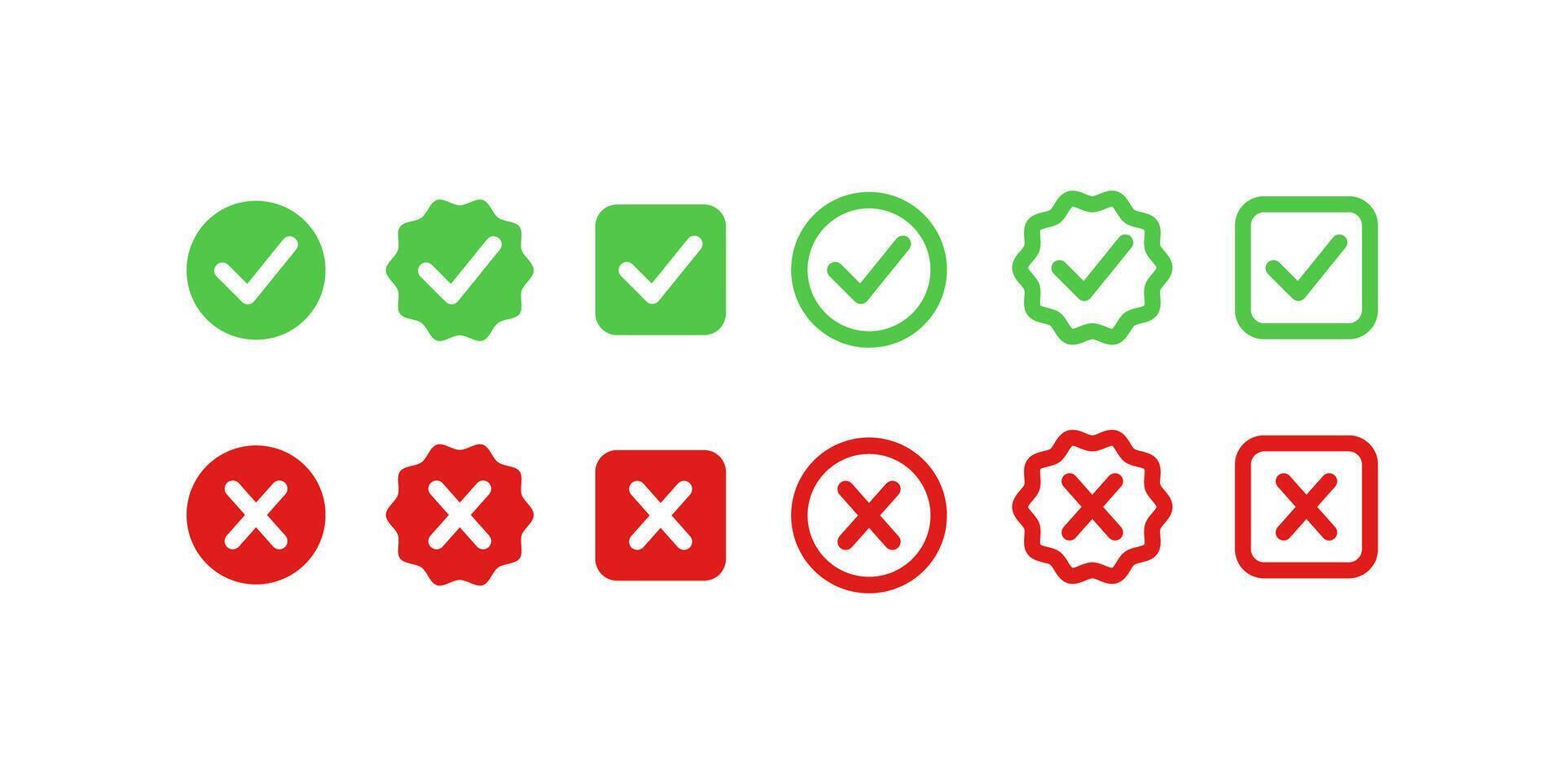 Check mark and cross symbols in flat styles vector