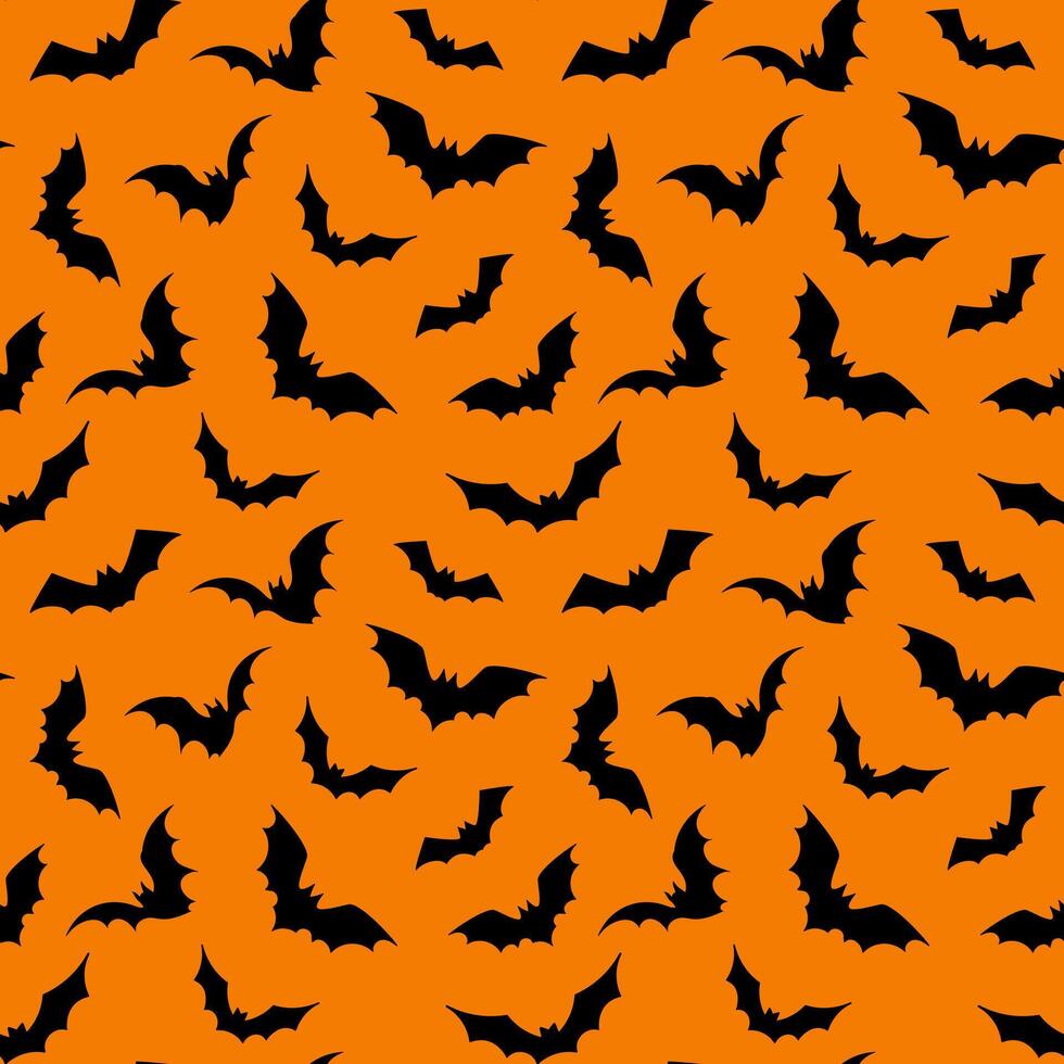 Seamless Halloween pattern with bat silhouettes on orange background vector
