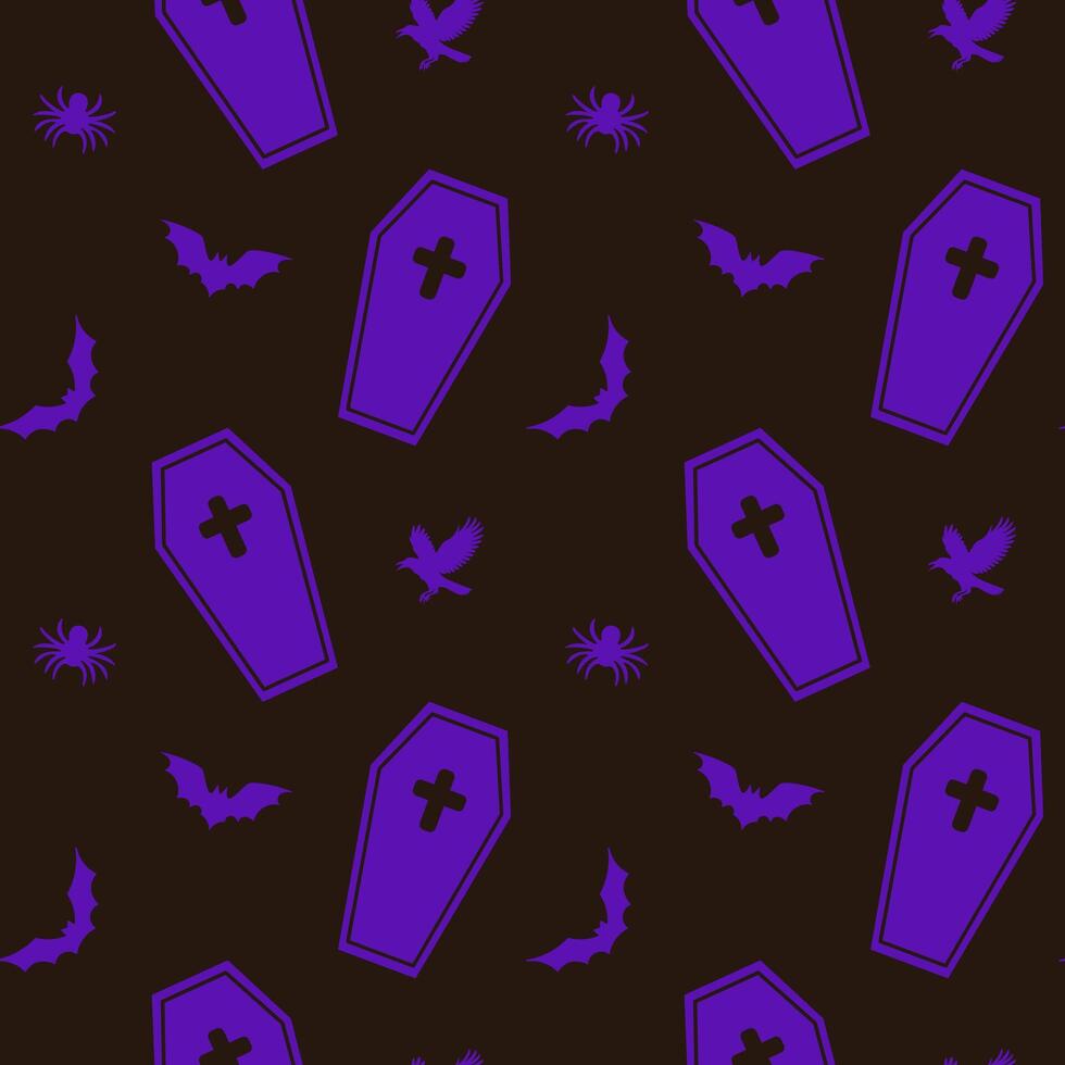 Seamless Halloween pattern with silhouettes of tombs, bats, spiders on a dark background vector