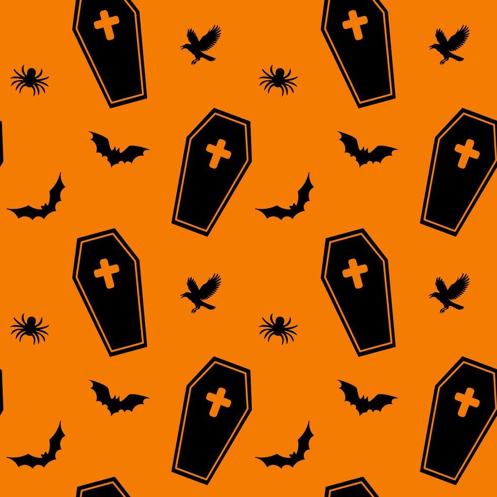 Seamless Halloween pattern with tombs, bats, spiders on orange background vector
