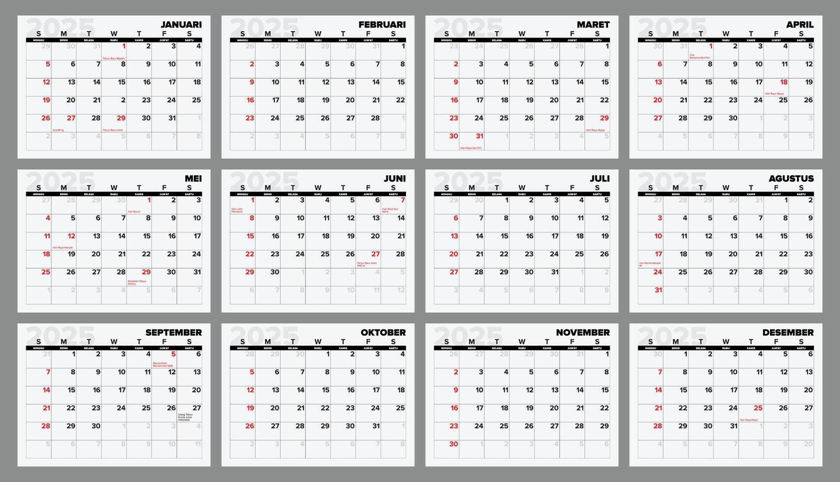 Indonesia 2025 Calender, Start from sunday with indonesia holiday and important day design template vector
