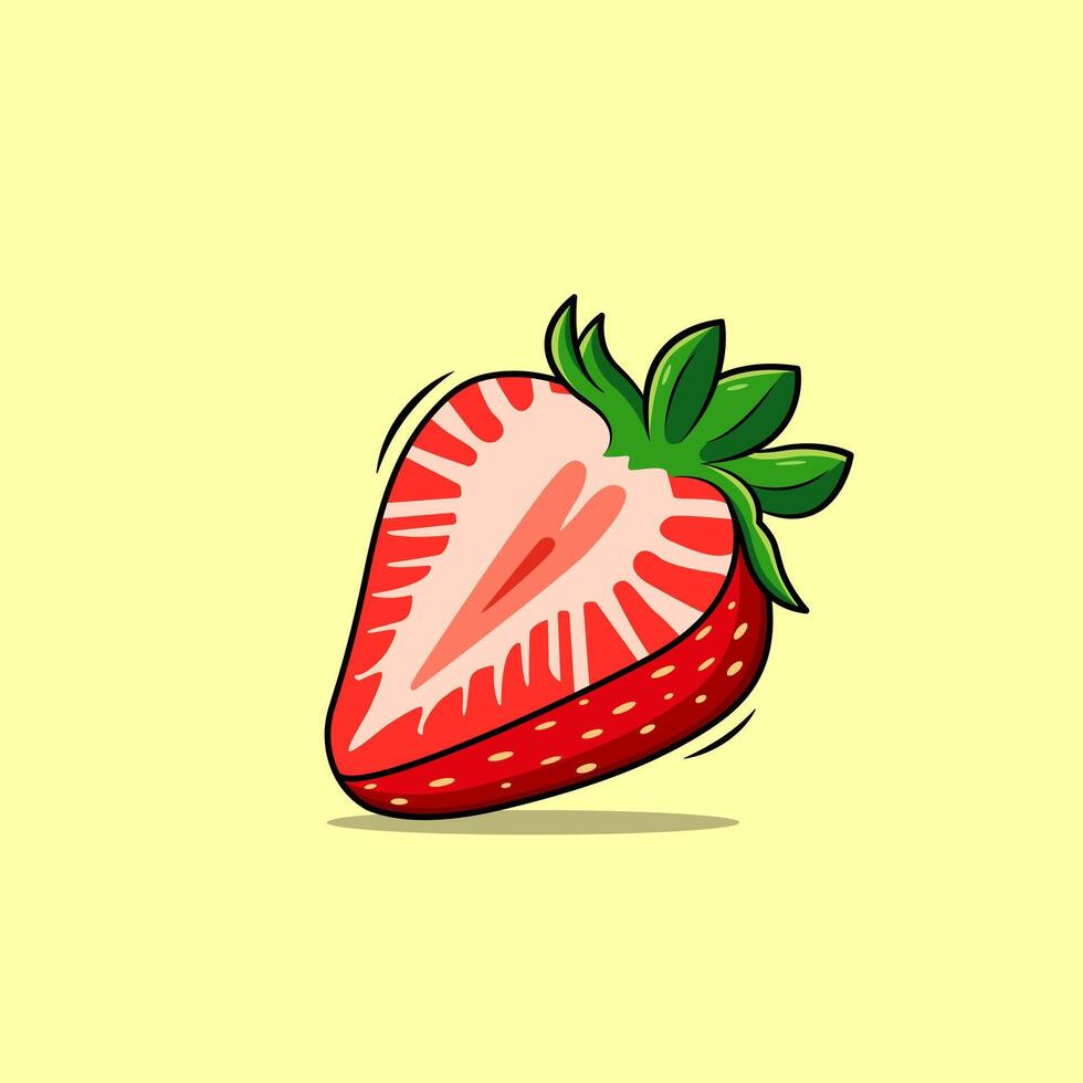 Cartoon Style Fresh Half Strawberry Slice With Green Leaves On Yellow Background Illustration vector
