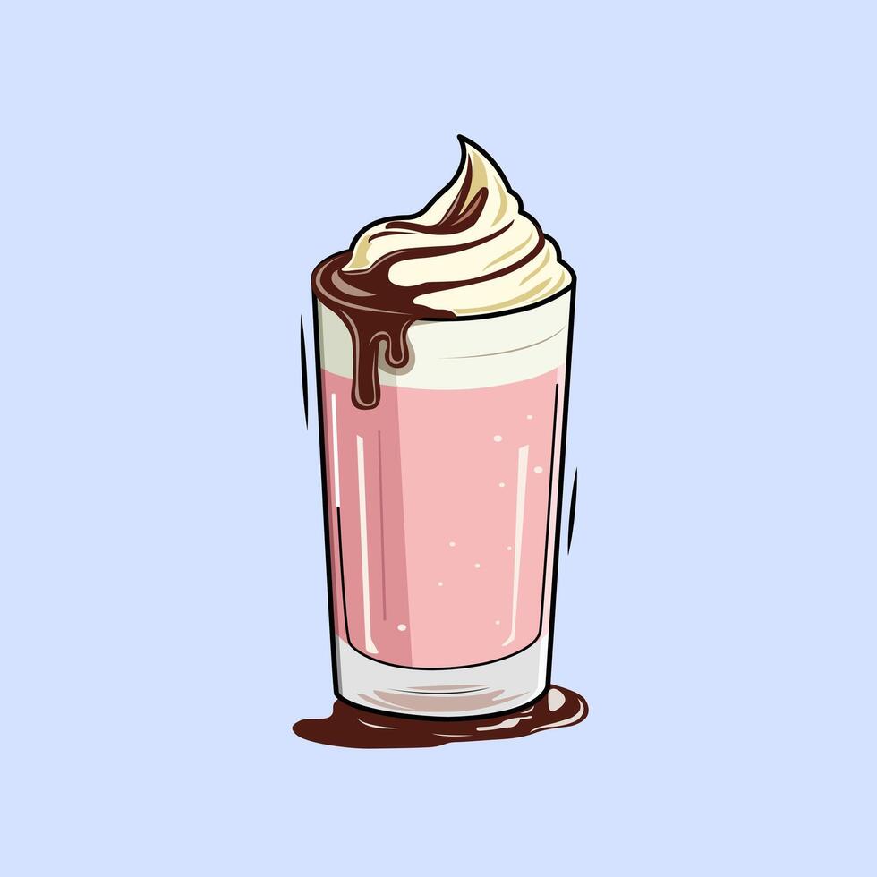A Pink Strawberry Milkshake Topped With Whipped Cream And Chocolate Drizzle Illustration vector