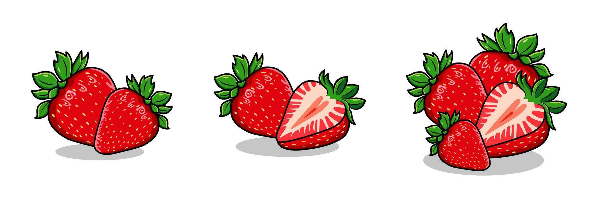 Set Of Vibrant Fresh Cartoonist Strawberries With Whole And Sliced Strawberries Illustration vector