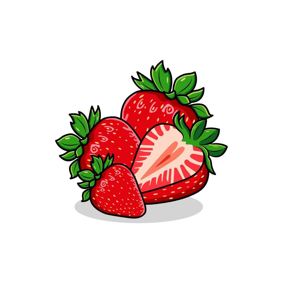 Set Of Juicy Whole And Half Strawberries With Green Leaves On White Background Illustration vector