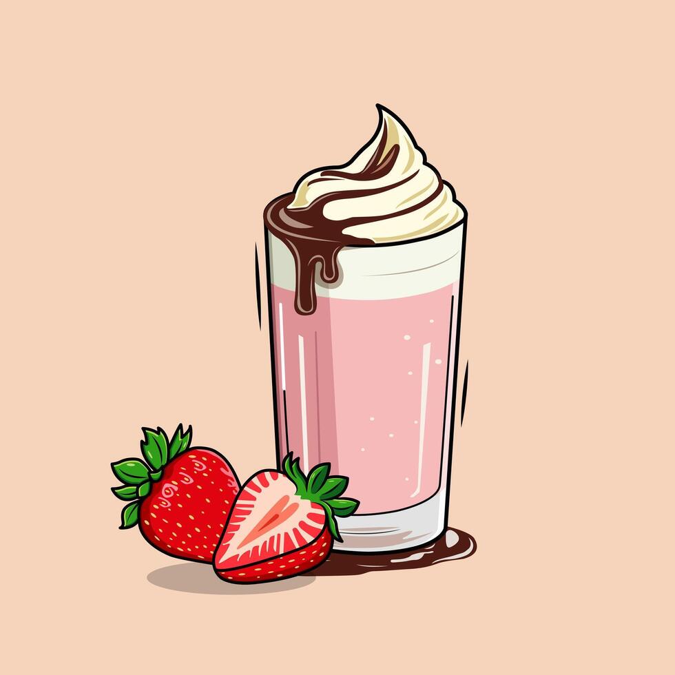 A Pink Strawberry Milkshake Topped With Whipped Cream And Chocolate Drizzle Illustration vector