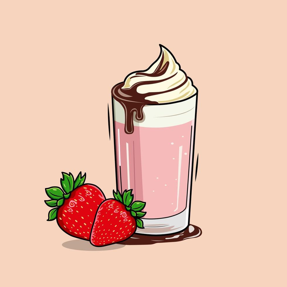 A Pink Strawberry Milkshake Topped With Whipped Cream And Chocolate Drizzle Illustration vector