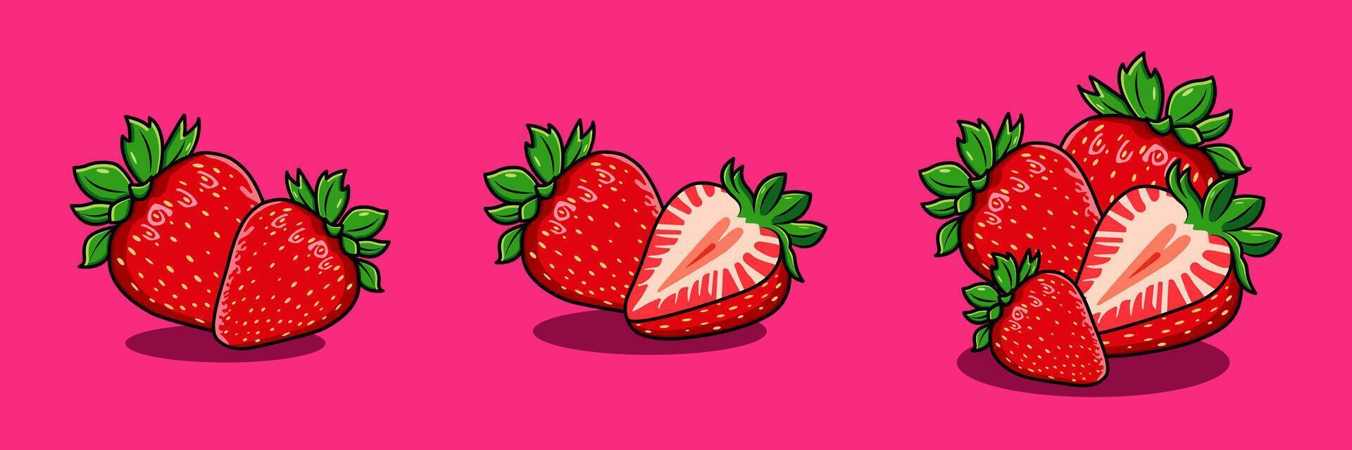Set Of Vibrant Fresh Cartoonist Strawberries With Whole And Sliced Strawberries Illustration vector