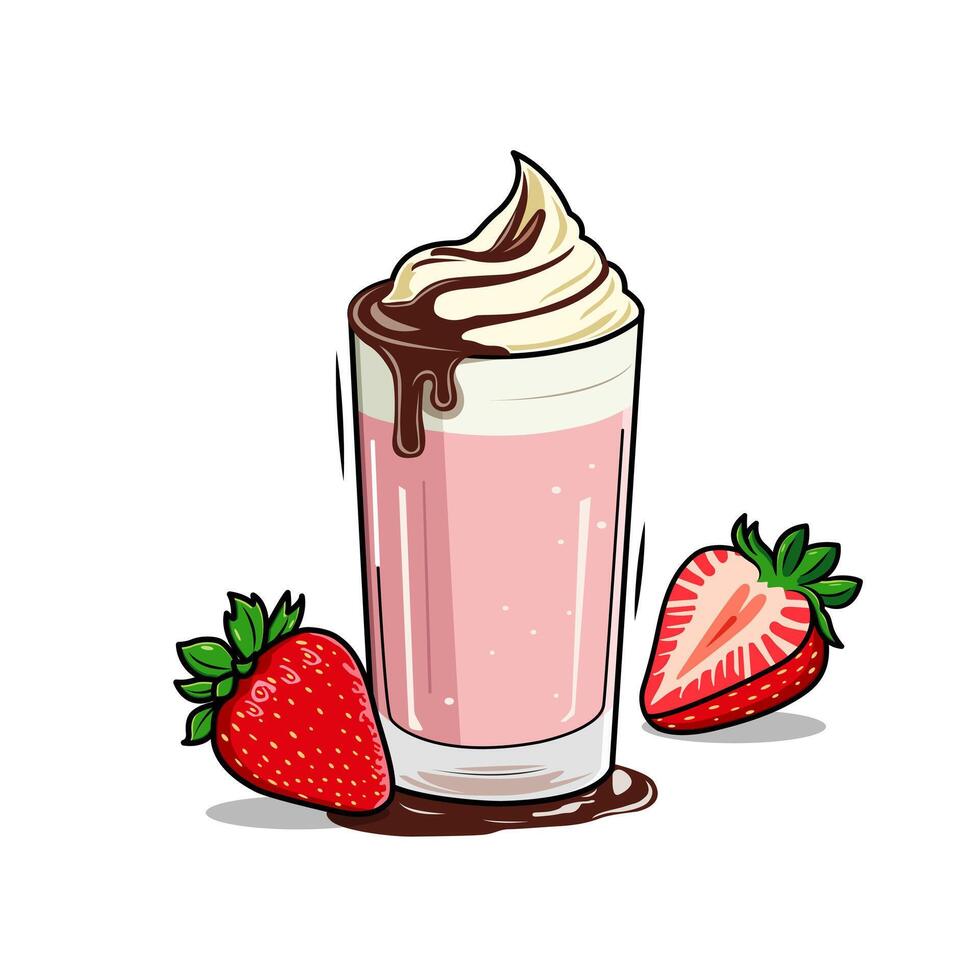 A Pink Strawberry Milkshake Topped With Whipped Cream And Chocolate Drizzle Illustration vector