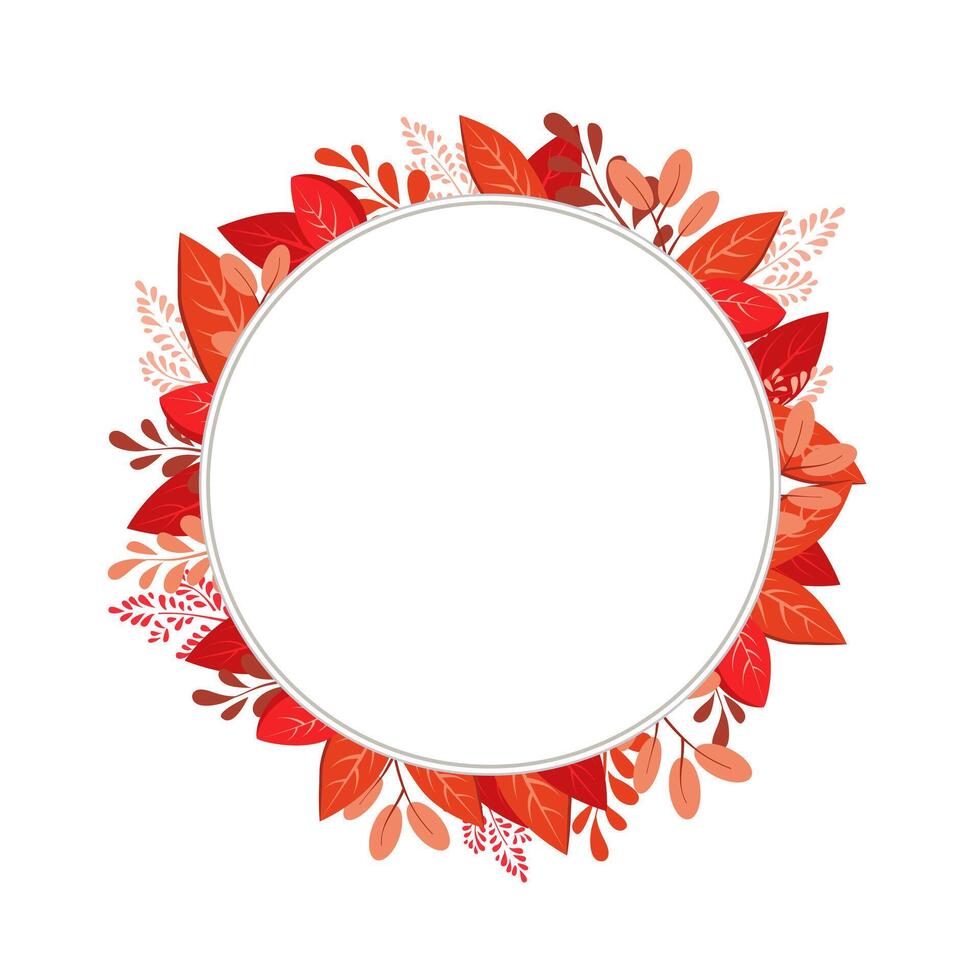 isolated round frame of red dry alder autumn leaves. Border for text and lettering. Isolated flat illustration with brown plants for design, greeting card, banner, board, flyer, sale, poster vector