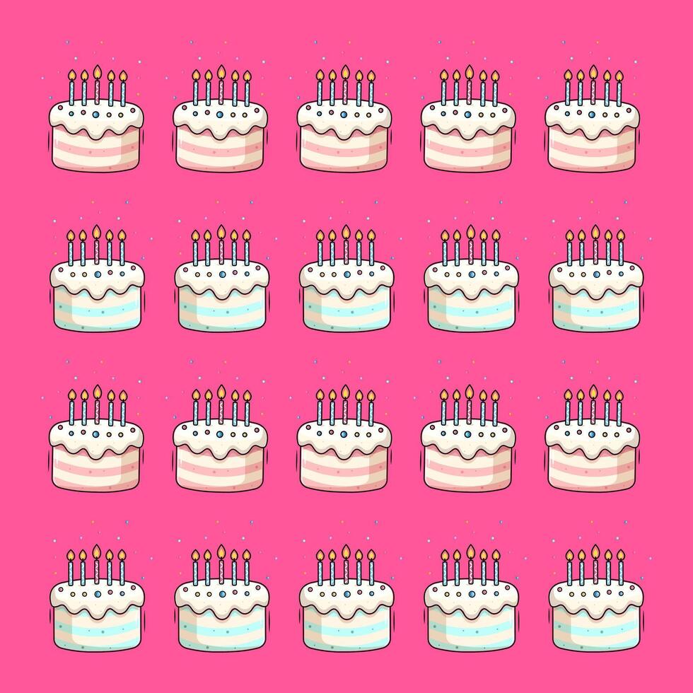 Rows Of Birthday Cakes Pattern With Striped Pastel Layers Topped With Candles Illustration vector