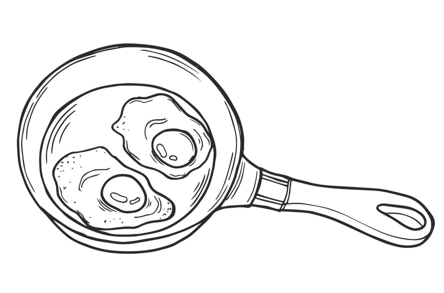 Fried egg in a frying pan, black outline, line, illustration in doodle style vector