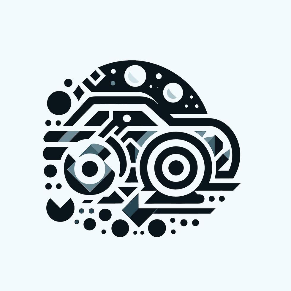 A black and white logo with a car and a circle vector