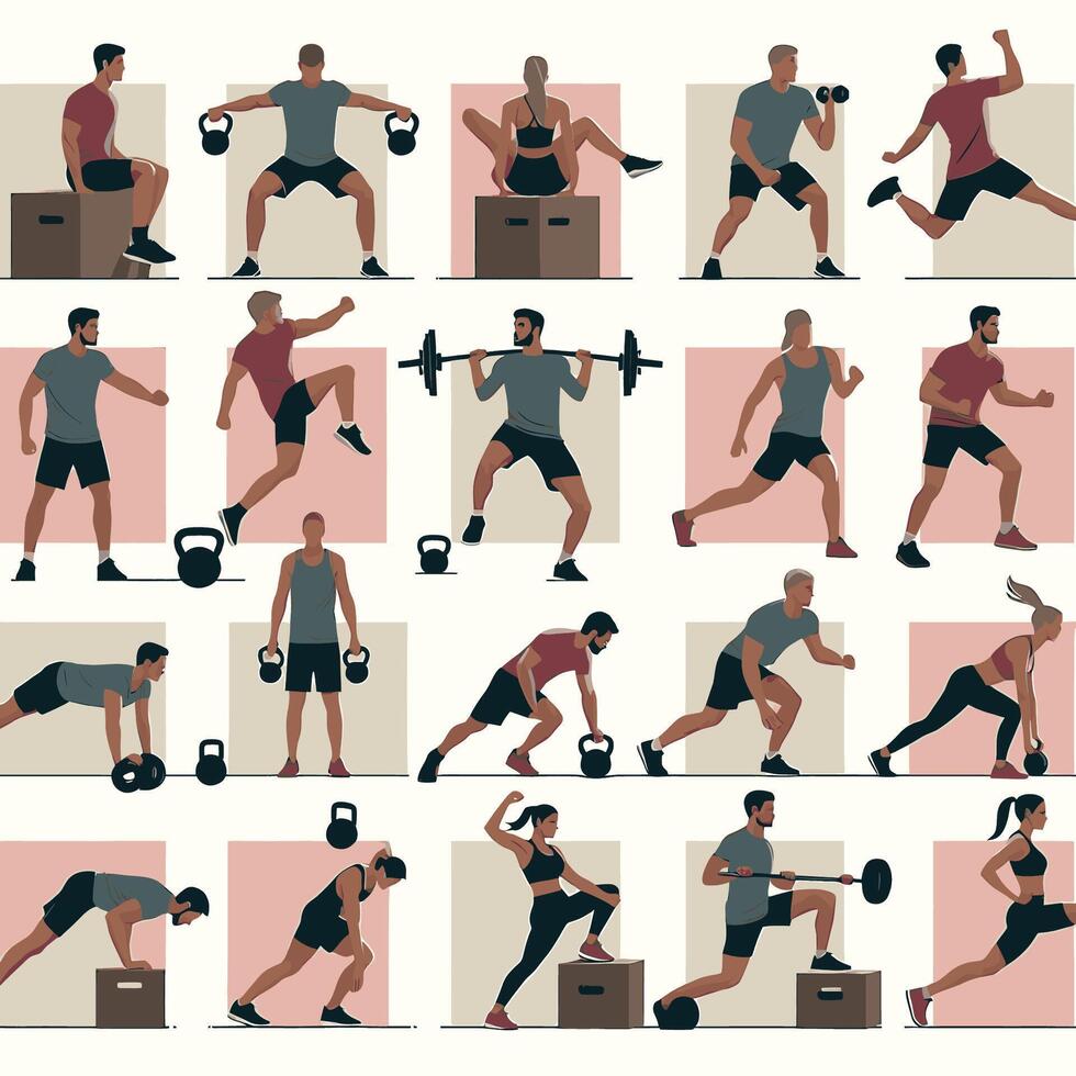 A set of people doing different exercises vector