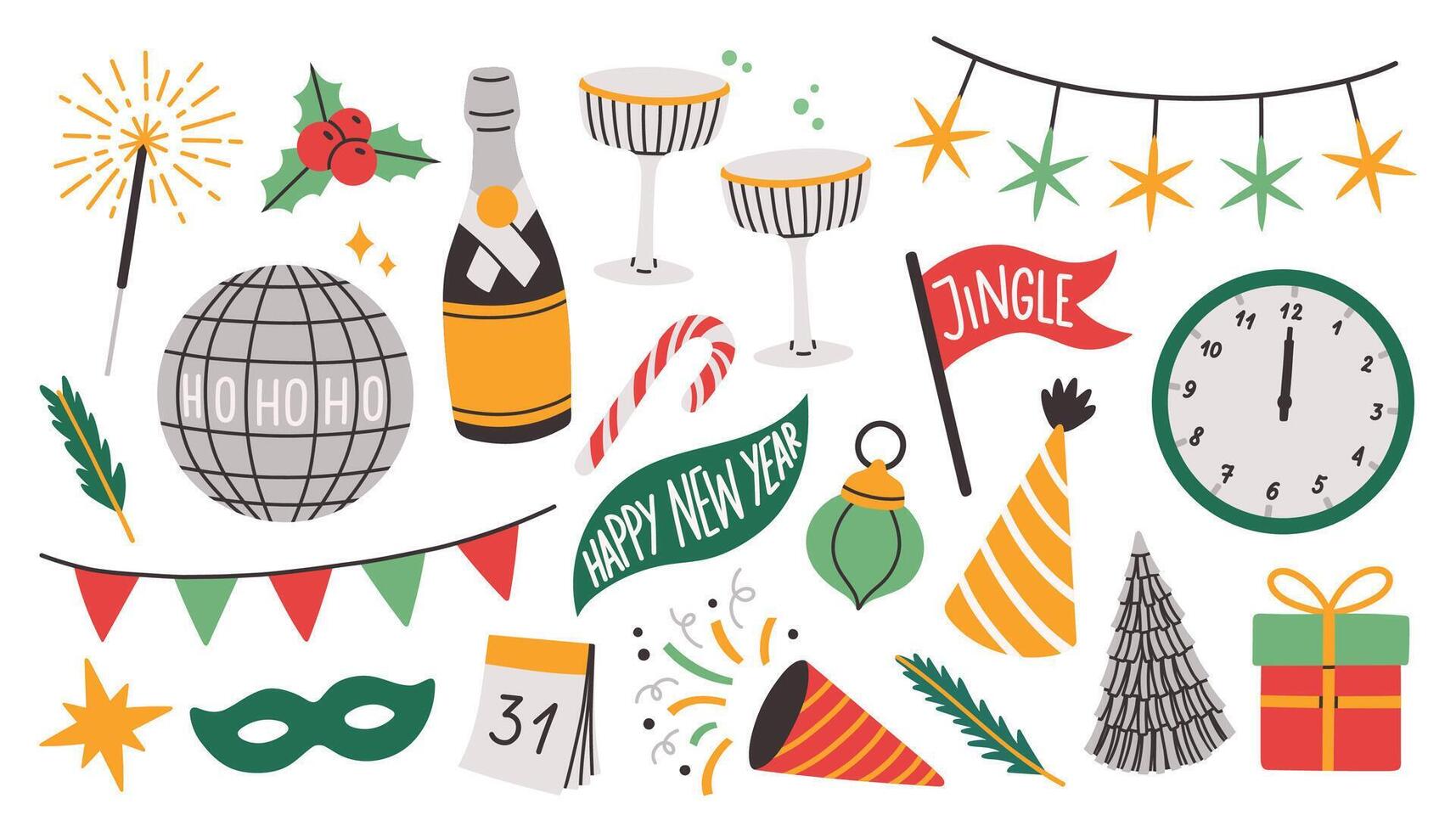 New Year party decoration. Hand drawn flat isolated elements on white background for decoration, poster, stickers vector