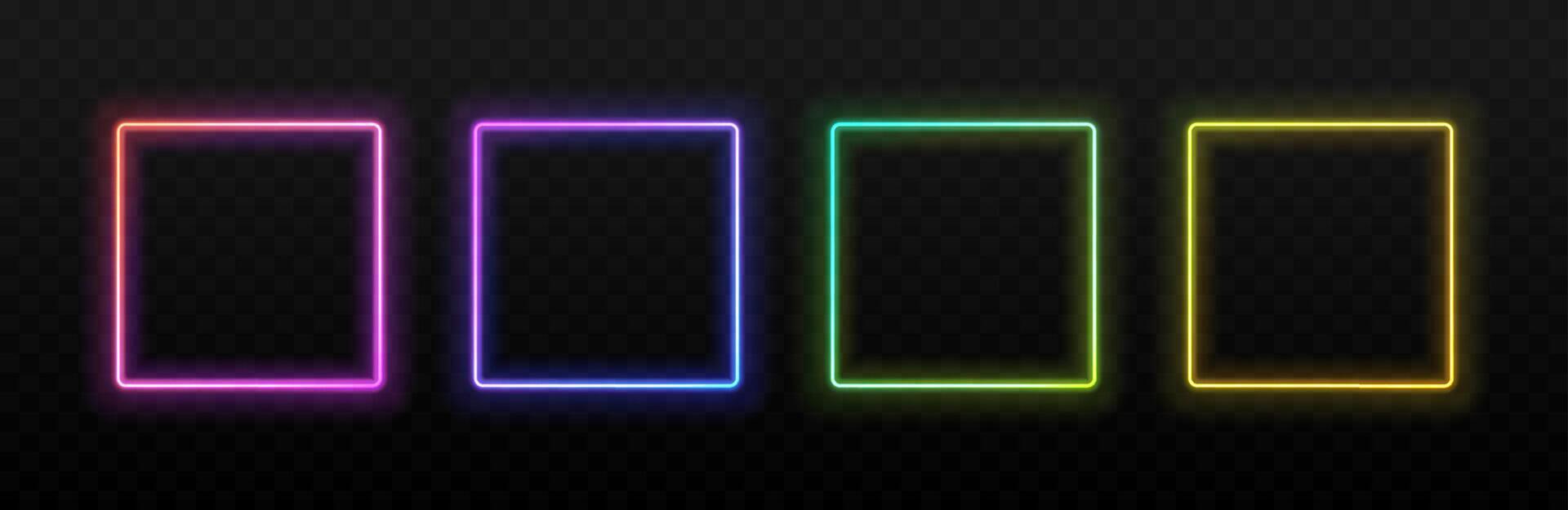 Neon light square frame. Rectangle glowing borders with pink, green and blue, yellow led neon. Shiny futuristic banners. UI line boxes, vibrant border frames set vector
