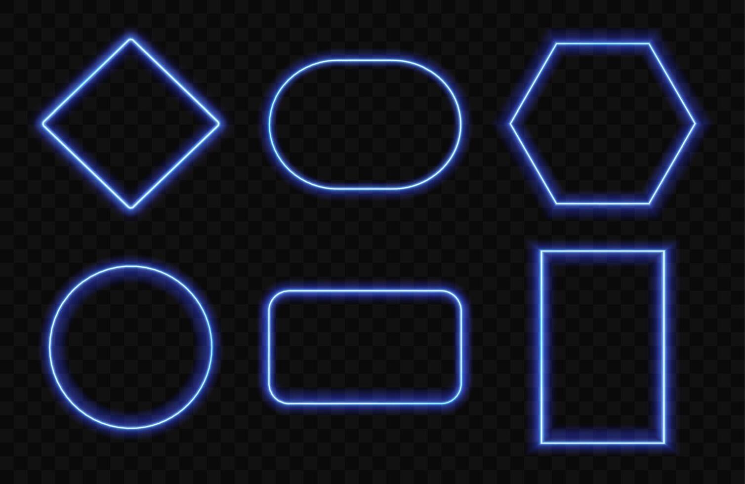 Glowing neon frames. Blue light rectangle, circle and hexagon glowing borders with led neon. Shiny futuristic rounded banners. UI line elements, vibrant border frames set vector