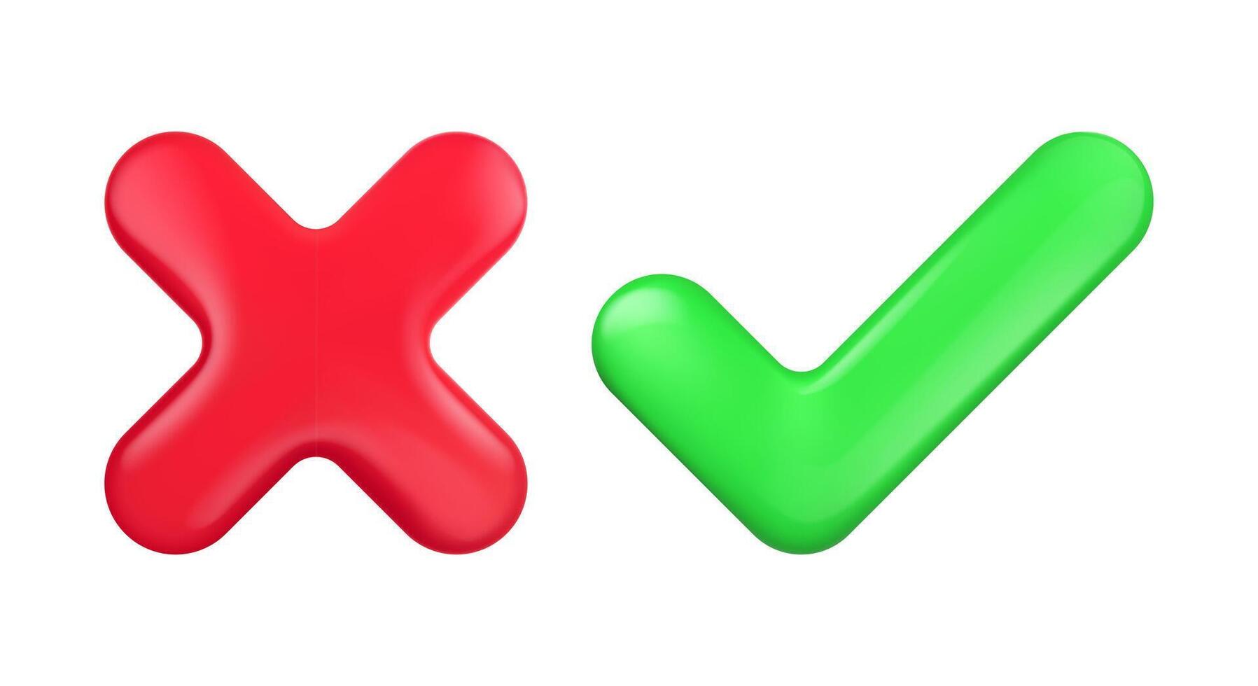 3d cross and tick. Red x wrong and check right green thick icons. Negative decline and positive approve symbols. interface mark button isolated on white vector