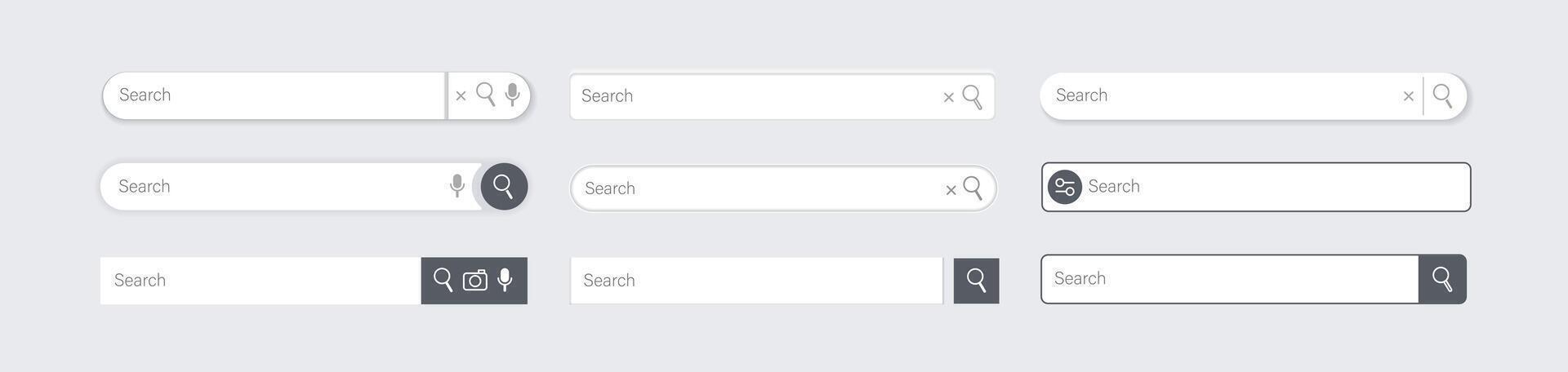 Search bar. Website ui design, search Internet box, browser engine text field, navigation bar with push button. Interface web element templates set vector