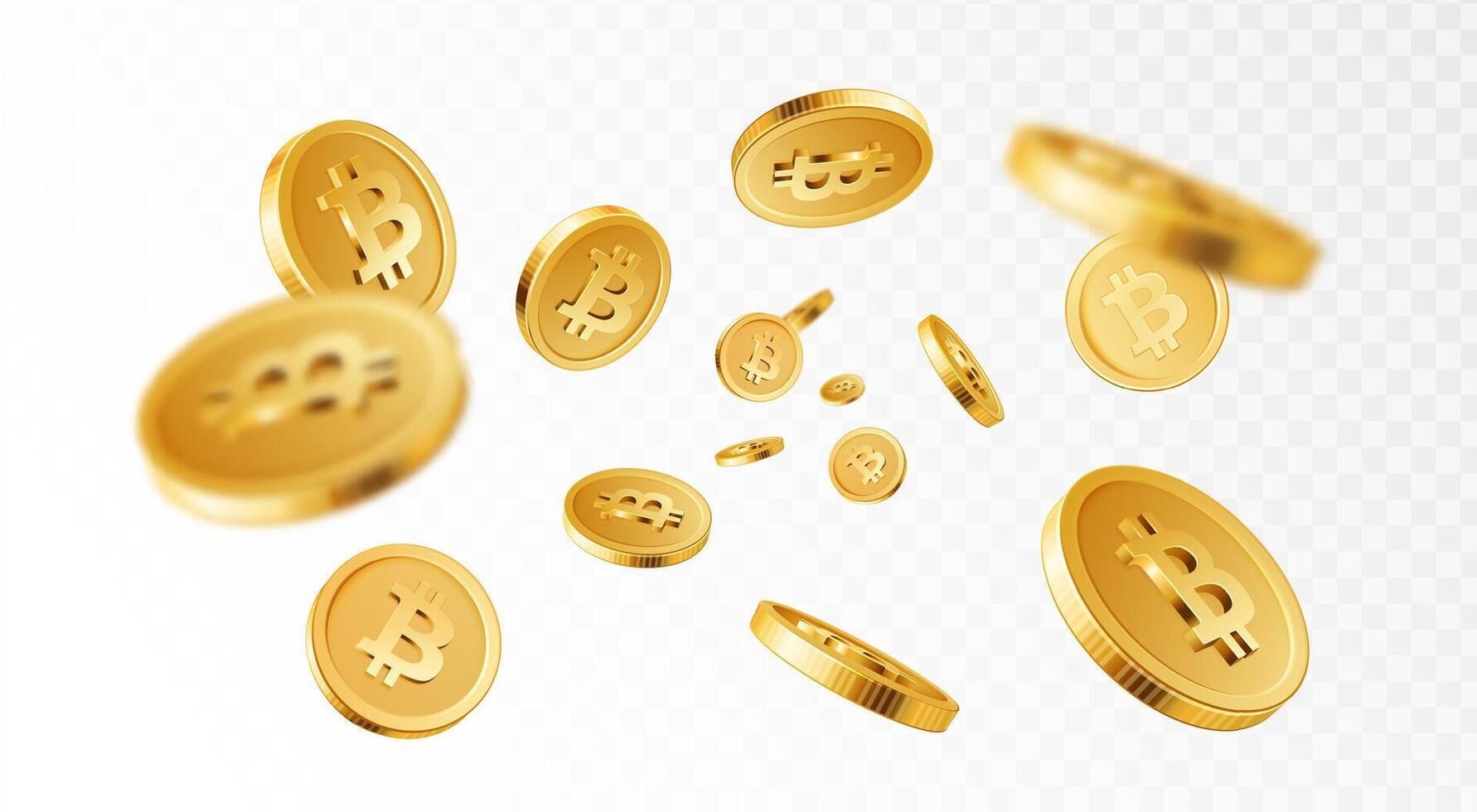 Bitcoin explosion. Cryptocurrency, electronic payments and blockchain. Golden 3D coins explosion, bitcoins splash. isolated concept vector