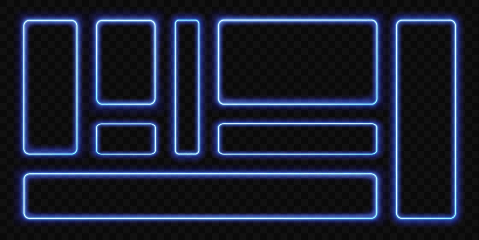 Neon frame. Blue light rectangle glowing borders with led neon effect. Square shiny futuristic banners with rounded corners. UI line elements, vibrant border frames set vector