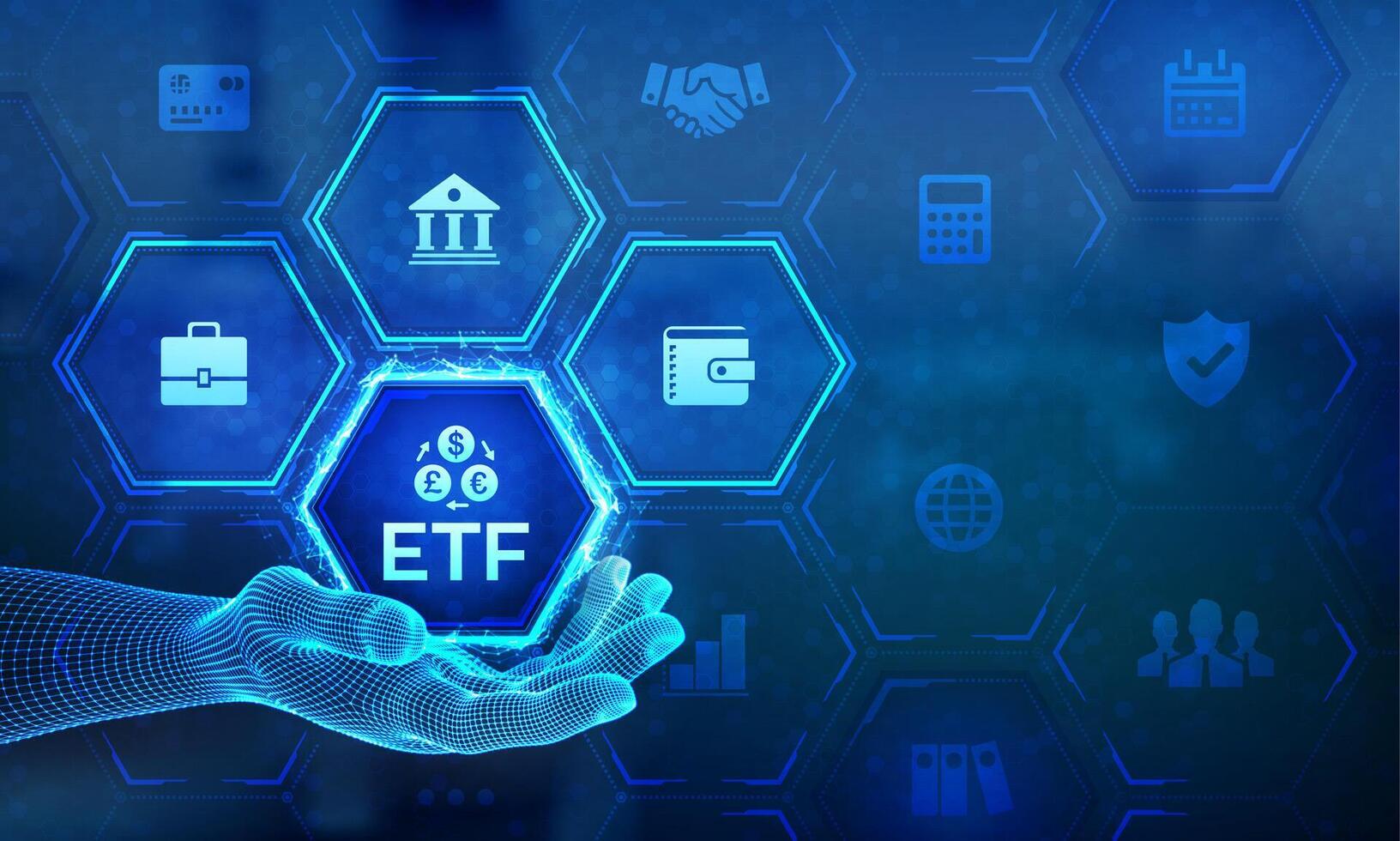ETF. Exchange traded fund stock market trading investment financial concept on virtual screen. ETF icon in wireframe hand. Stock market index fund. Business Growth. vector