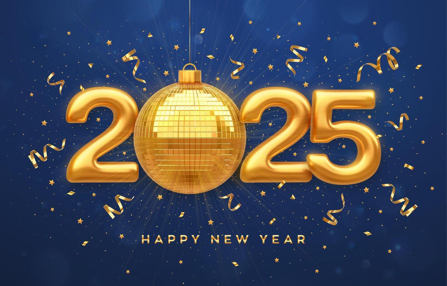Happy New Year 2025. Gold 3D numbers and a shining golden ball or mirror disco ball. Happy New Year greeting card. Blue background for a flyer, New Year poster, party invitation. vector